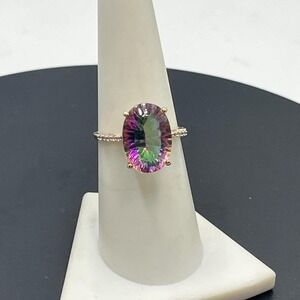 Hirajule 14K Rose Gold Large Oval Prong Mystic Topaz CZ and Quartz Ring Sz 7.5